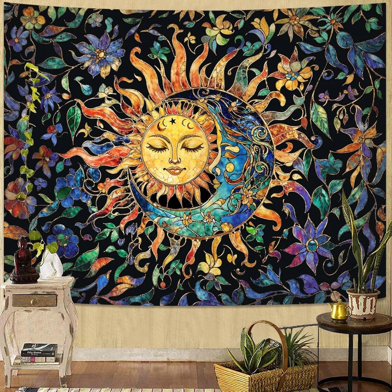Aipon Sun and Moon Tapestry for Bedroom Boho Hippie Floral Wall Tapestry Aesthetic Vintage Stained Glass Plant Large Tapestries Wall Hanging for Living Room Dorm 80 x 60 Inch - Image 3